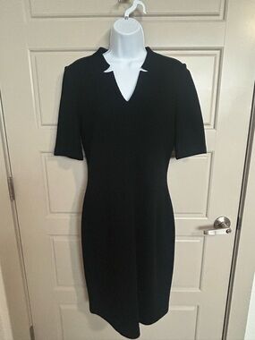 St. John Sleek Black Midi Dress with Notch V-Neck